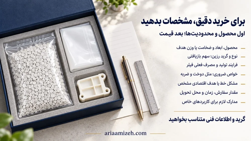جعبه نمونه شامل گرانول سفید، فیلم و قطعه پلیمری کنار چک‌لیست اطلاعات فنی استعلام خرید