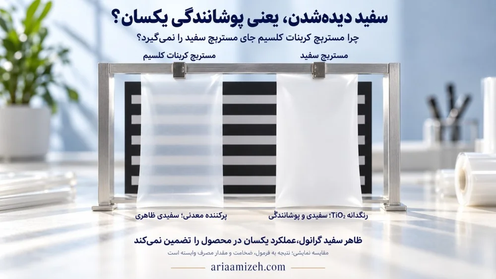 مقایسه نمایشی پوشانندگی دو فیلم حاوی مستربچ کربنات کلسیم و مستربچ سفید مقابل زمینه راه‌راه