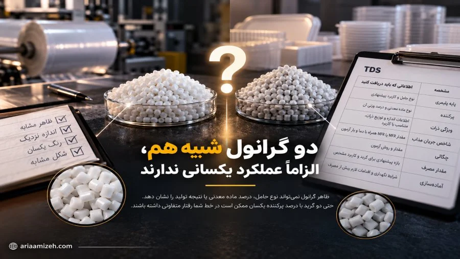 مقایسه دو نمونه گرانول مستربچ پرکننده با ظاهر مشابه در کنار برگه مشخصات فنی TDS برای بررسی تفاوت گریدها