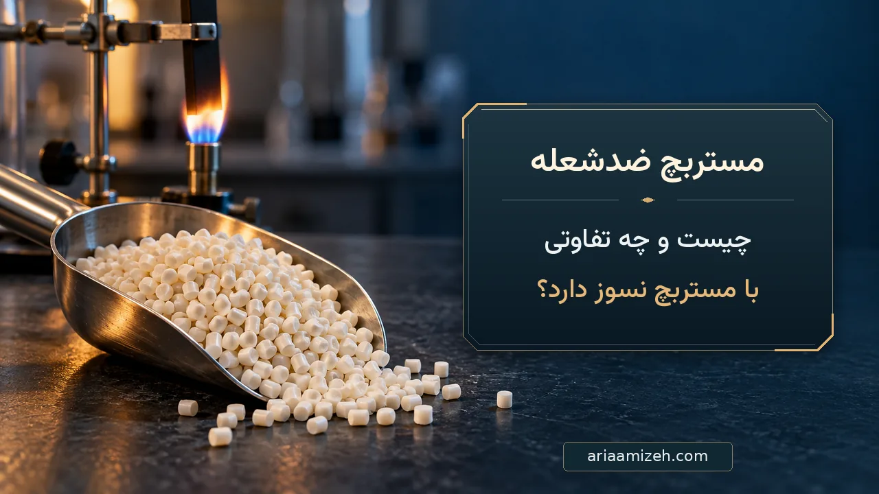 گرانولهای سفید مستربچ ضدشعله در پیمانهٔ فلزی، با شعله و نمونهٔ پلیمری در پسزمینهٔ آزمایشگاهی