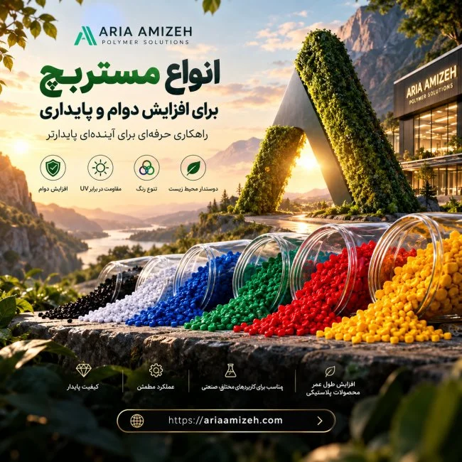 انواع مستربچ آریا آمیزه برای افزایش دوام و پایداری محصولات پلاستیکی، شامل مستربچ‌های رنگی، مقاوم در برابر UV و افزودنی‌های بهبوددهنده خواص پلیمر