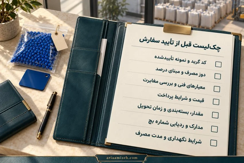 چک‌لیست هفت‌موردی تأیید سفارش در پوشه چرمی کنار بسته گرانول آبی و نمونه رنگ