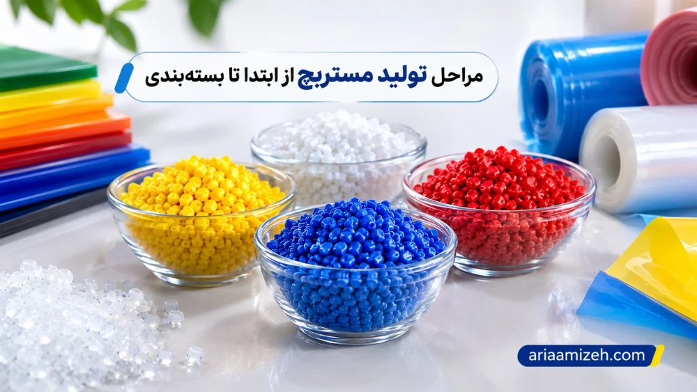 نمایی از گرانولهای رنگی مستربچ در ظروف شیشهای، کنار ورقها و رولهای پلاستیکی رنگی با پسزمینه روشن صنعتی