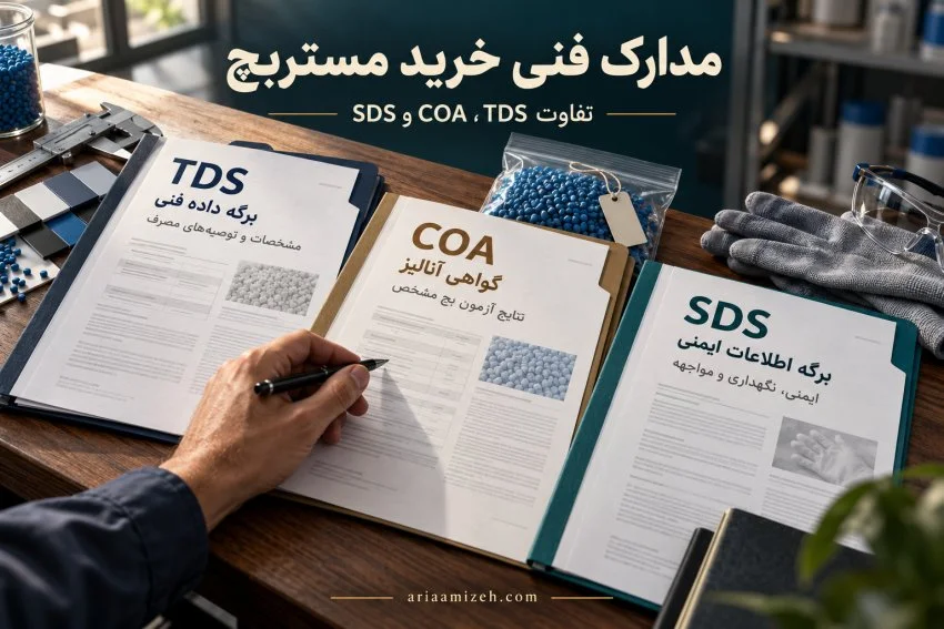 سه سند TDS، COA و SDS کنار نمونه مستربچ و ابزار بررسی روی میز کار