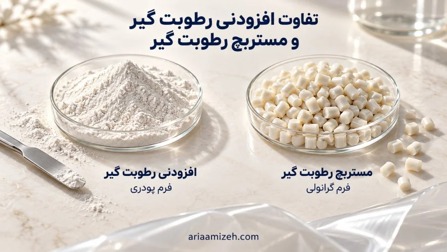 مقایسه نمونه پودری افزودنی رطوبت گیر با گرانول مستربچ رطوبت گیر در دو ظرف شیشه‌ای