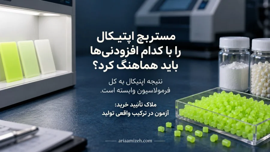 گرانولهای مستربچ شفاف کننده کنار نمونههای افزودنی و محفظه ارزیابی رنگ در آزمایشگاه
