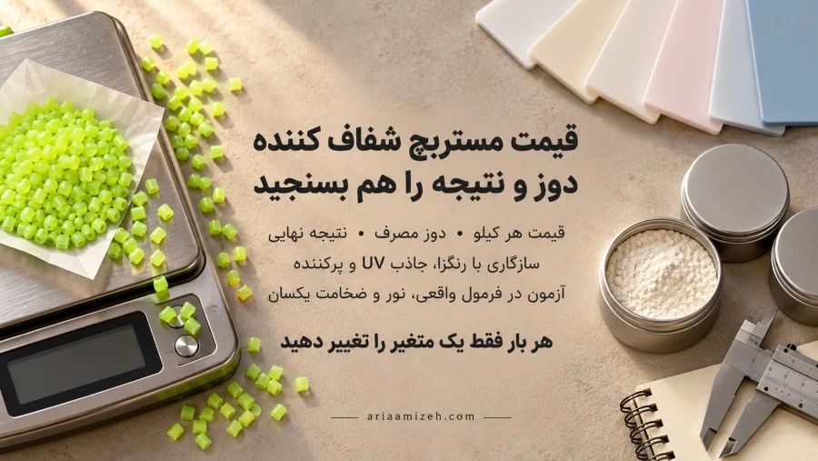 گرانولهای اپتیکال برایتنر روی ترازوی دیجیتال کنار نمونههای رنگی پلاستیک و پرکننده