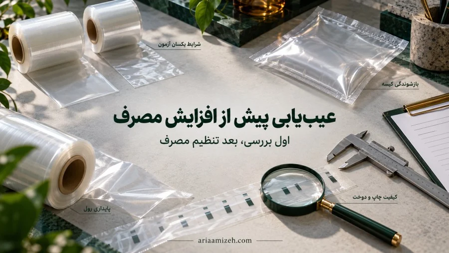 نمونه‌های رول و کیسه پلیمری کنار ذره‌بین، کولیس و فیلم چاپی روی میز بررسی کیفیت
