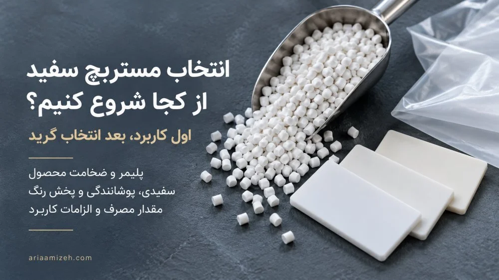 گرانول مستربچ سفید در پیمانه فلزی کنار نمونه‌های سفید پلاستیکی و فیلم پلی‌اتیلن